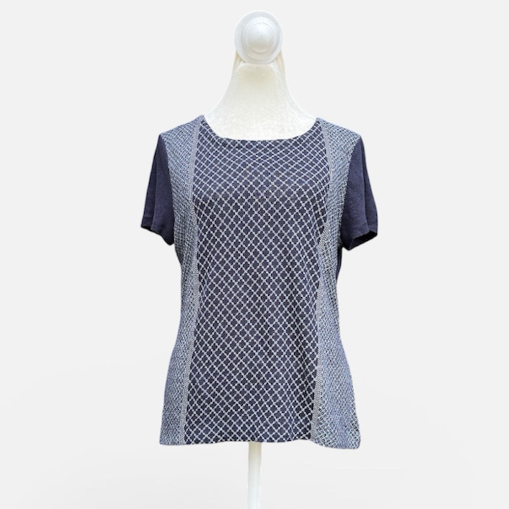 Talbots 100% Linen Knit Short Sleeve Geo Print Top in Navy Size Small